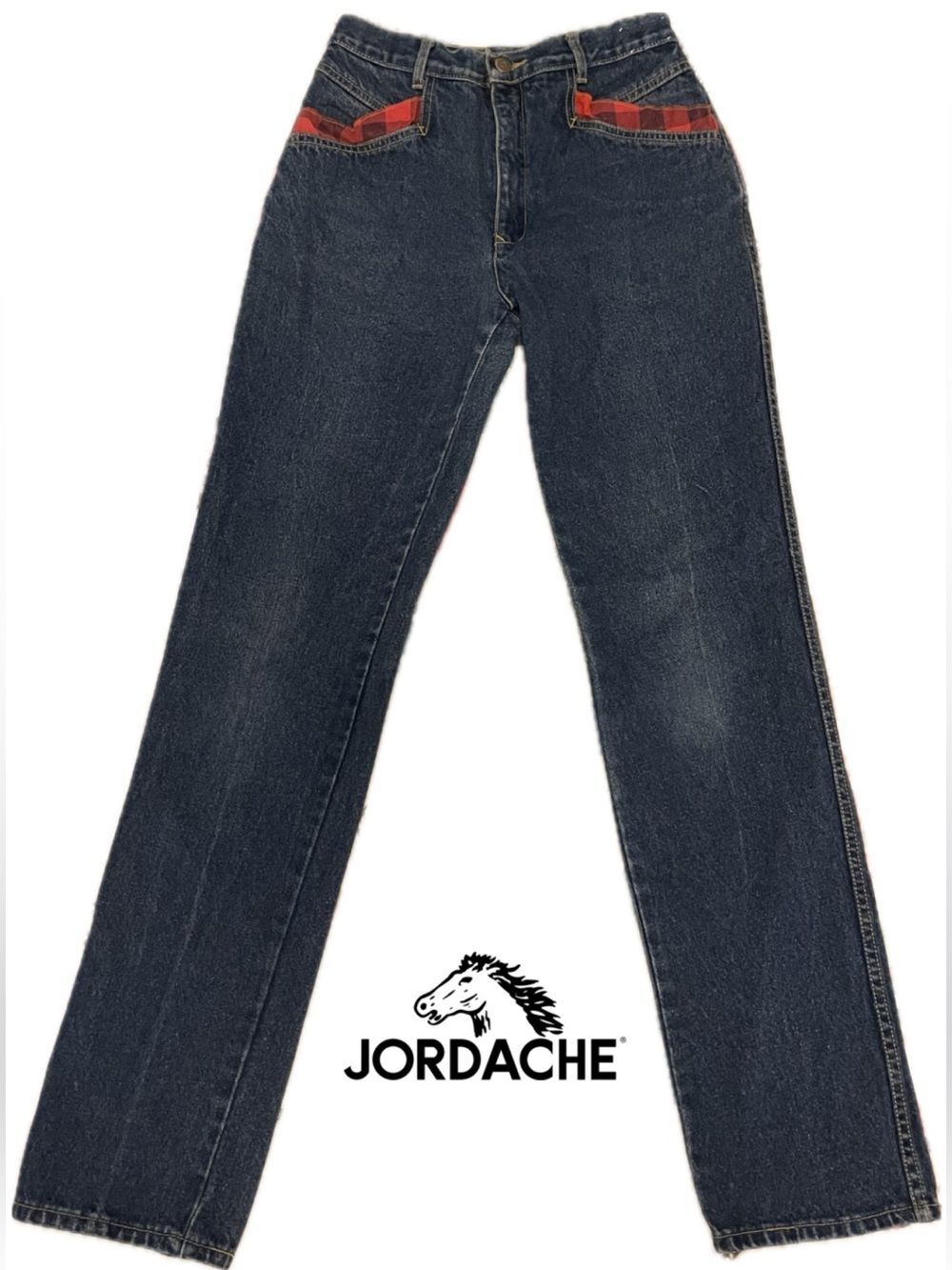 Vintage 80s Jordache High Waisted Red Plaid Yoke Pocket Straight Denim Jeans 26”